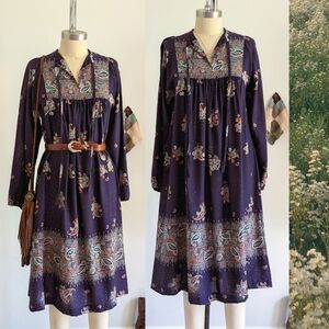 70s Floral Long Sleeve Cotton Paisley Floral Vintage Feminine Midi Shift Dress